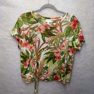 J. Jill Love Linen Shirt Floral Tropical Print Size Large Side Tie Hawaiian